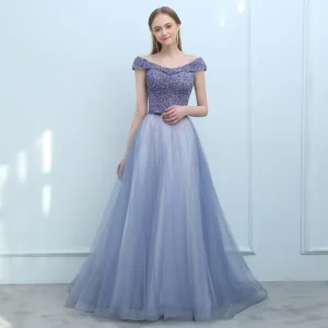 Luxe Océan Bleu Violet Robe De Soirée 2018 Princesse De L Épaule Mancherons Paillettes Perlage Noeud Ceinture Tribunal Train Volants Dos Nu Robe De Ceremonie