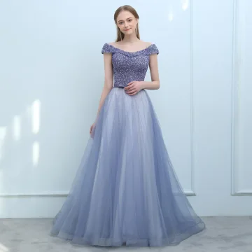 Luxe Océan Bleu Violet Robe De Soirée 2018 Princesse De L Épaule Mancherons Paillettes Perlage Noeud Ceinture Tribunal Train Volants Dos Nu Robe De Ceremonie