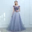 Luxe Océan Bleu Violet Robe De Soirée 2018 Princesse De l'épaule Mancherons Paillettes Perlage Noeud Ceinture Tribunal Train Volants Dos Nu Robe De Ceremonie