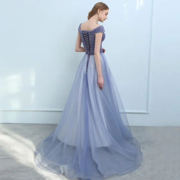 Luxe Océan Bleu Violet Robe De Soirée 2018 Princesse De l'épaule Mancherons Paillettes Perlage Noeud Ceinture Tribunal Train Volants Dos Nu Robe De Ceremonie