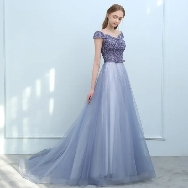 Luxe Océan Bleu Violet Robe De Soirée 2018 Princesse De l'épaule Mancherons Paillettes Perlage Noeud Ceinture Tribunal Train Volants Dos Nu Robe De Ceremonie