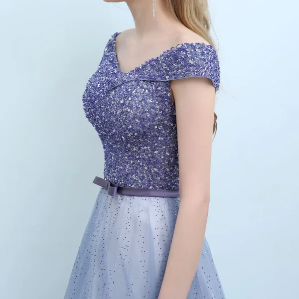 Luxe Océan Bleu Violet Robe De Soirée 2018 Princesse De l'épaule Mancherons Paillettes Perlage Noeud Ceinture Tribunal Train Volants Dos Nu Robe De Ceremonie