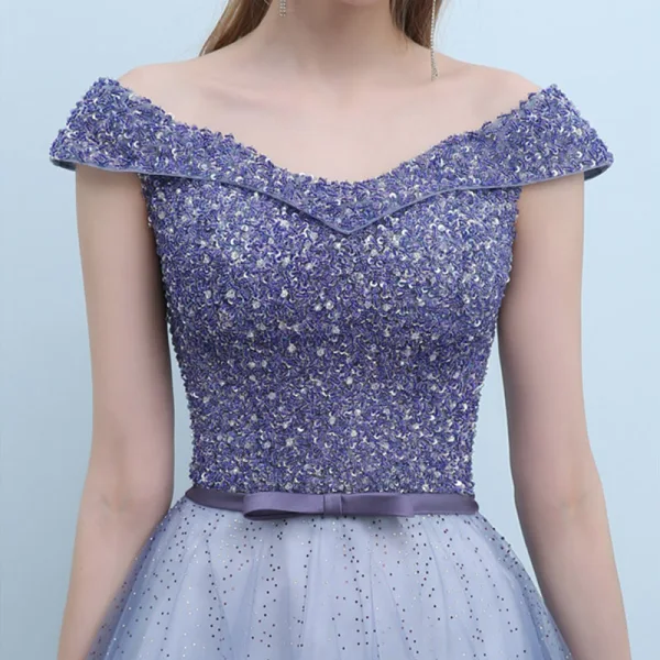 Luxe Océan Bleu Violet Robe De Soirée 2018 Princesse De l'épaule Mancherons Paillettes Perlage Noeud Ceinture Tribunal Train Volants Dos Nu Robe De Ceremonie