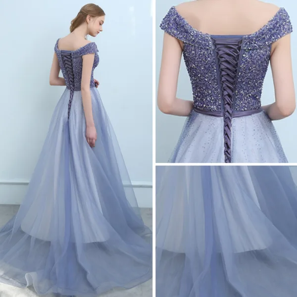 Luxe Océan Bleu Violet Robe De Soirée 2018 Princesse De l'épaule Mancherons Paillettes Perlage Noeud Ceinture Tribunal Train Volants Dos Nu Robe De Ceremonie