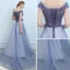 Luxe Océan Bleu Violet Robe De Soirée 2018 Princesse De l'épaule Mancherons Paillettes Perlage Noeud Ceinture Tribunal Train Volants Dos Nu Robe De Ceremonie