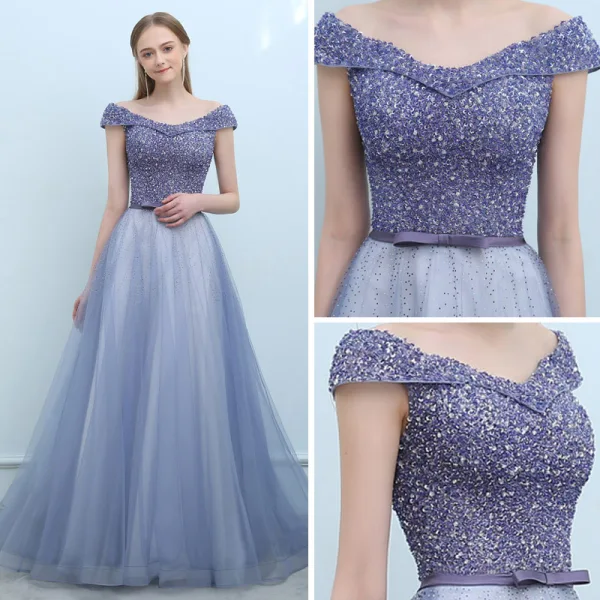 Luxe Océan Bleu Violet Robe De Soirée 2018 Princesse De l'épaule Mancherons Paillettes Perlage Noeud Ceinture Tribunal Train Volants Dos Nu Robe De Ceremonie