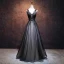 Chic / Beautiful Black Prom Dresses 2017 A-Line / Princess V-Neck Sleeveless Appliques Lace Flower Rhinestone Floor-Length / Long Ruffle Pierced Backless Formal Dresses