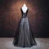 Chic / Beautiful Black Prom Dresses 2017 A-Line / Princess V-Neck Sleeveless Appliques Lace Flower Rhinestone Floor-Length / Long Ruffle Pierced Backless Formal Dresses