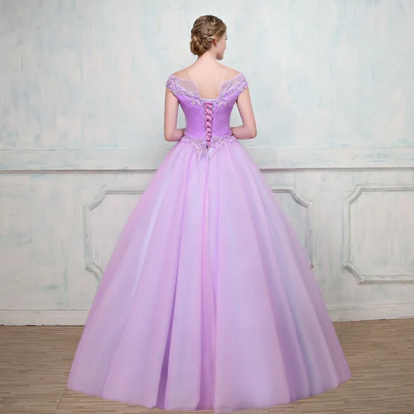 Chic / Beautiful Lilac Prom Dresses 2018 Ball Gown See-through Square Neckline Cap Sleeves Beading Rhinestone Floor-Length / Long Ruffle Backless Formal Dresses