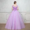 Chic / Beautiful Lilac Prom Dresses 2018 Ball Gown See-through Square Neckline Cap Sleeves Beading Rhinestone Floor-Length / Long Ruffle Backless Formal Dresses