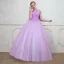 Chic / Beautiful Lilac Prom Dresses 2018 Ball Gown See-through Square Neckline Cap Sleeves Beading Rhinestone Floor-Length / Long Ruffle Backless Formal Dresses