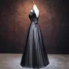Chic / Beautiful Black Prom Dresses 2017 A-Line / Princess V-Neck Sleeveless Appliques Lace Flower Rhinestone Floor-Length / Long Ruffle Pierced Backless Formal Dresses