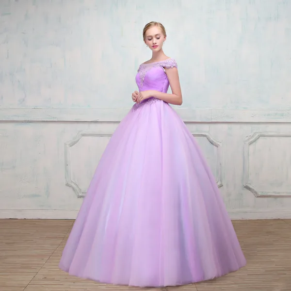 Chic / Beautiful Lilac Prom Dresses 2018 Ball Gown See-through Square Neckline Cap Sleeves Beading Rhinestone Floor-Length / Long Ruffle Backless Formal Dresses