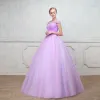 Chic / Beautiful Lilac Prom Dresses 2018 Ball Gown See-through Square Neckline Cap Sleeves Beading Rhinestone Floor-Length / Long Ruffle Backless Formal Dresses