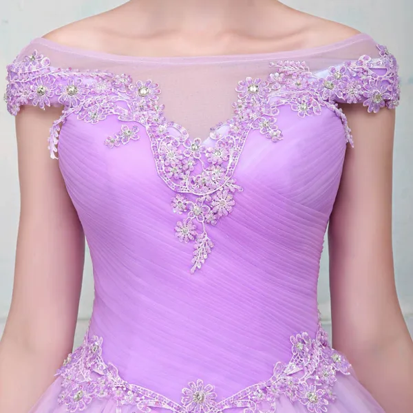 Chic / Beautiful Lilac Prom Dresses 2018 Ball Gown See-through Square Neckline Cap Sleeves Beading Rhinestone Floor-Length / Long Ruffle Backless Formal Dresses