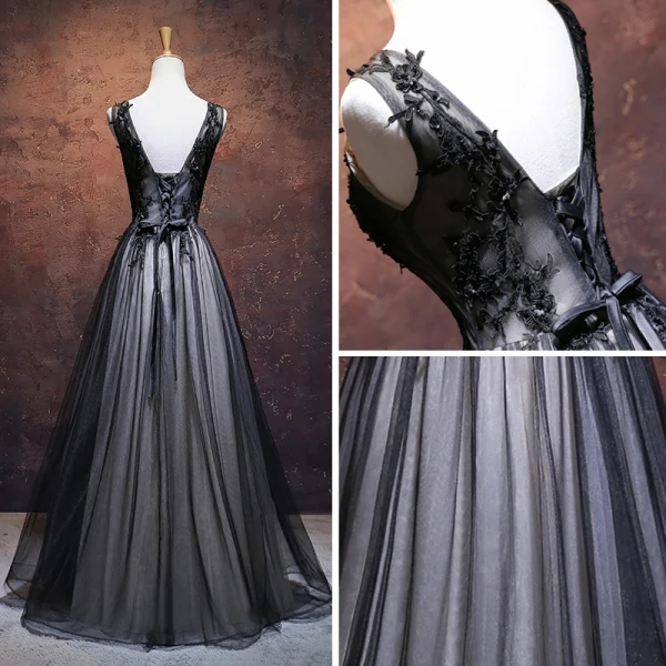 Chic / Beautiful Black Prom Dresses 2017 A-Line / Princess V-Neck Sleeveless Appliques Lace Flower Rhinestone Floor-Length / Long Ruffle Pierced Backless Formal Dresses