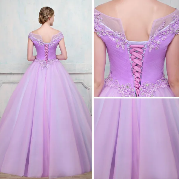 Chic / Beautiful Lilac Prom Dresses 2018 Ball Gown See-through Square Neckline Cap Sleeves Beading Rhinestone Floor-Length / Long Ruffle Backless Formal Dresses