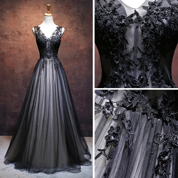 Chic / Beautiful Black Prom Dresses 2017 A-Line / Princess V-Neck Sleeveless Appliques Lace Flower Rhinestone Floor-Length / Long Ruffle Pierced Backless Formal Dresses