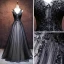 Chic / Beautiful Black Prom Dresses 2017 A-Line / Princess V-Neck Sleeveless Appliques Lace Flower Rhinestone Floor-Length / Long Ruffle Pierced Backless Formal Dresses