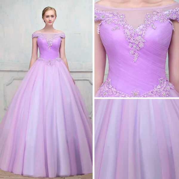 Chic / Beautiful Lilac Prom Dresses 2018 Ball Gown See-through Square Neckline Cap Sleeves Beading Rhinestone Floor-Length / Long Ruffle Backless Formal Dresses