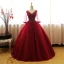 Chic / Belle Bordeaux Robe De Bal 2017 Robe Boule V-Cou 3/4 Manches Perlage Appliques Longue Volants Dos Nu Robe De Ceremonie