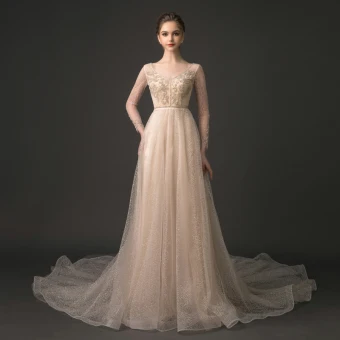Luxury Gorgeous Champagne Spotted Evening Dresses 2018 A Line Princess V Neck See Through Long Sleeve Beading Cathedral Train Ruffle Backless Formal Dresses