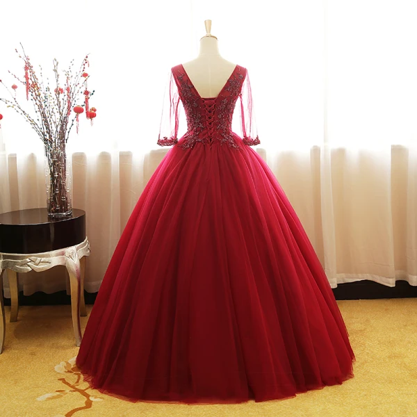 Chic / Belle Bordeaux Robe De Bal 2017 Robe Boule V-Cou 3/4 Manches Perlage Appliques Longue Volants Dos Nu Robe De Ceremonie