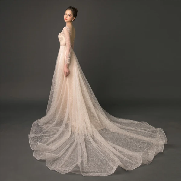 Luxury / Gorgeous Champagne Spotted Evening Dresses 2018 A-Line / Princess V-Neck See-through Long Sleeve Beading Cathedral Train Ruffle Backless Formal Dresses