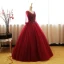 Chic / Belle Bordeaux Robe De Bal 2017 Robe Boule V-Cou 3/4 Manches Perlage Appliques Longue Volants Dos Nu Robe De Ceremonie