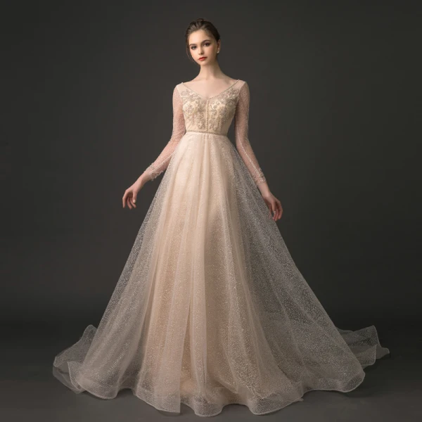 Luxury / Gorgeous Champagne Spotted Evening Dresses 2018 A-Line / Princess V-Neck See-through Long Sleeve Beading Cathedral Train Ruffle Backless Formal Dresses