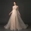 Luxury / Gorgeous Champagne Spotted Evening Dresses  2018 A-Line / Princess V-Neck See-through Long Sleeve Beading Cathedral Train Ruffle Backless Formal Dresses