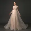 Luxury / Gorgeous Champagne Spotted Evening Dresses  2018 A-Line / Princess V-Neck See-through Long Sleeve Beading Cathedral Train Ruffle Backless Formal Dresses