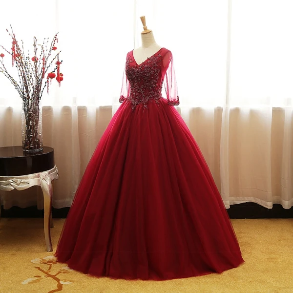Chic / Belle Bordeaux Robe De Bal 2017 Robe Boule V-Cou 3/4 Manches Perlage Appliques Longue Volants Dos Nu Robe De Ceremonie