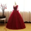 Chic / Belle Bordeaux Robe De Bal 2017 Robe Boule V-Cou 3/4 Manches Perlage Appliques Longue Volants Dos Nu Robe De Ceremonie