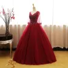 Chic / Beautiful Burgundy Prom Dresses 2017 Ball Gown V-Neck 3/4 Sleeve Beading Appliques Floor-Length / Long Ruffle Backless Formal Dresses