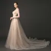 Luxury / Gorgeous Champagne Spotted Evening Dresses  2018 A-Line / Princess V-Neck See-through Long Sleeve Beading Cathedral Train Ruffle Backless Formal Dresses