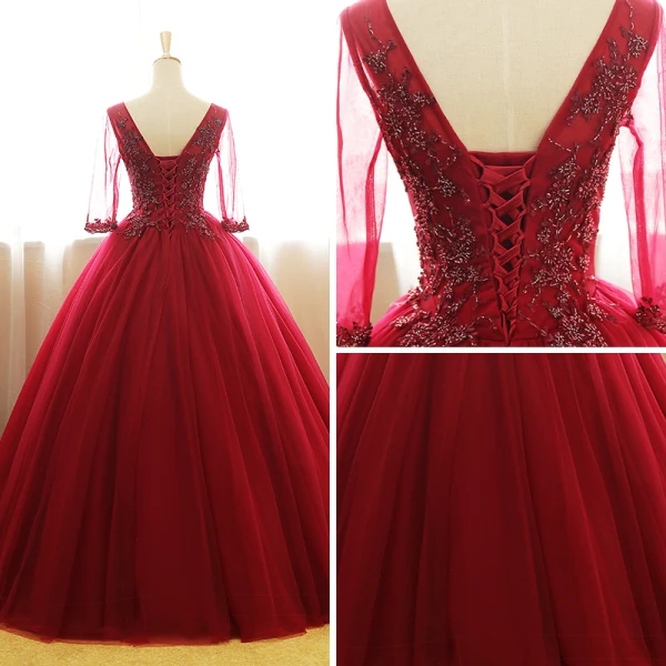 Chic / Belle Bordeaux Robe De Bal 2017 Robe Boule V-Cou 3/4 Manches Perlage Appliques Longue Volants Dos Nu Robe De Ceremonie