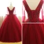 Chic / Belle Bordeaux Robe De Bal 2017 Robe Boule V-Cou 3/4 Manches Perlage Appliques Longue Volants Dos Nu Robe De Ceremonie