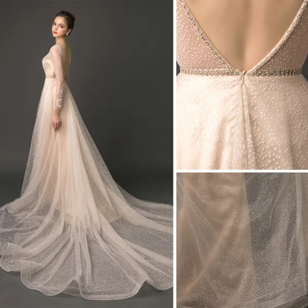 Luxury / Gorgeous Champagne Spotted Evening Dresses 2018 A-Line / Princess V-Neck See-through Long Sleeve Beading Cathedral Train Ruffle Backless Formal Dresses