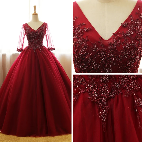 Chic / Belle Bordeaux Robe De Bal 2017 Robe Boule V-Cou 3/4 Manches Perlage Appliques Longue Volants Dos Nu Robe De Ceremonie