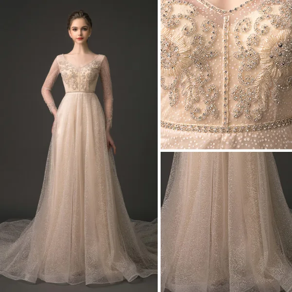 Luxury / Gorgeous Champagne Spotted Evening Dresses 2018 A-Line / Princess V-Neck See-through Long Sleeve Beading Cathedral Train Ruffle Backless Formal Dresses
