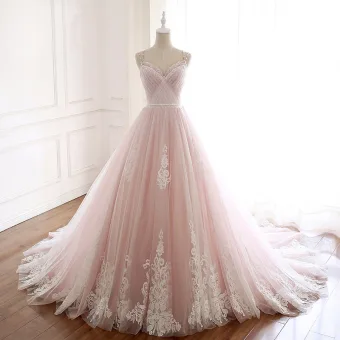 Modern Fashion Blushing Pink Summer Beach Wedding Dresses 2018 A Line Princess Spaghetti Straps Sleeveless Backless Appliques Lace Beading Crystal Sash Ruffle Chapel Train