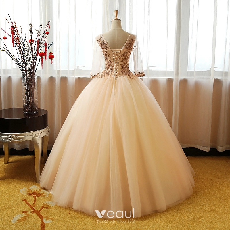 open lace back dress Champagne V Neck Lace Tulle Long Prom Dresses, Champagne Lace Formal D –  abcprom