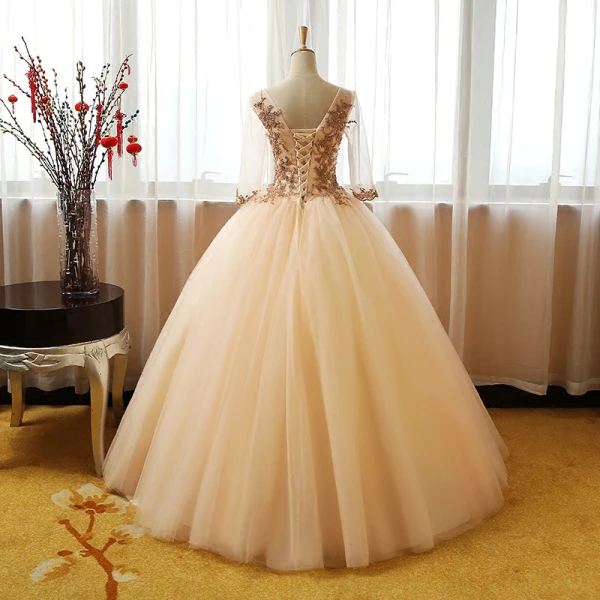 Chic / Beautiful Champagne Prom Dresses 2017 Ball Gown V-Neck 3/4 Sleeve Sequins Beading Floor-Length / Long Ruffle Backless Formal Dresses