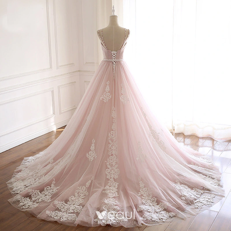 Modern / Fashion Blushing Pink Summer Beach Wedding Dresses 2018 A-Line /  Princess Spaghetti Straps Sleeveless Backless Appliques Lace Beading  Crystal Sash Ruffle Chapel Train
