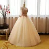 Chic / Beautiful Champagne Prom Dresses 2017 Ball Gown V-Neck 3/4 Sleeve Sequins Beading Floor-Length / Long Ruffle Backless Formal Dresses