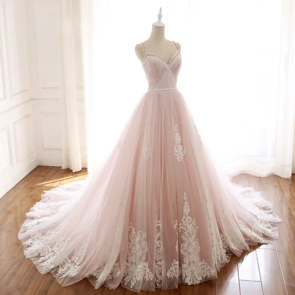 Modern / Fashion Blushing Pink Summer Beach Wedding Dresses 2018 A-Line / Princess Spaghetti Straps Sleeveless Backless Appliques Lace Beading Crystal Sash Ruffle Chapel Train