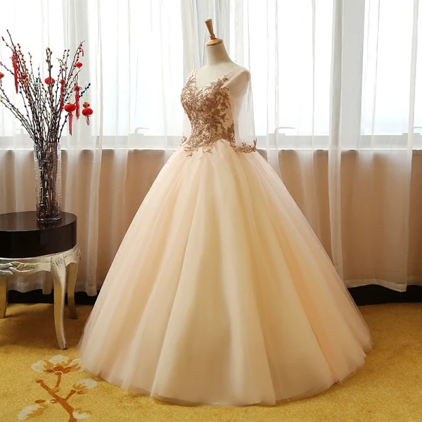 Chic / Beautiful Champagne Prom Dresses 2017 Ball Gown V-Neck 3/4 Sleeve Sequins Beading Floor-Length / Long Ruffle Backless Formal Dresses