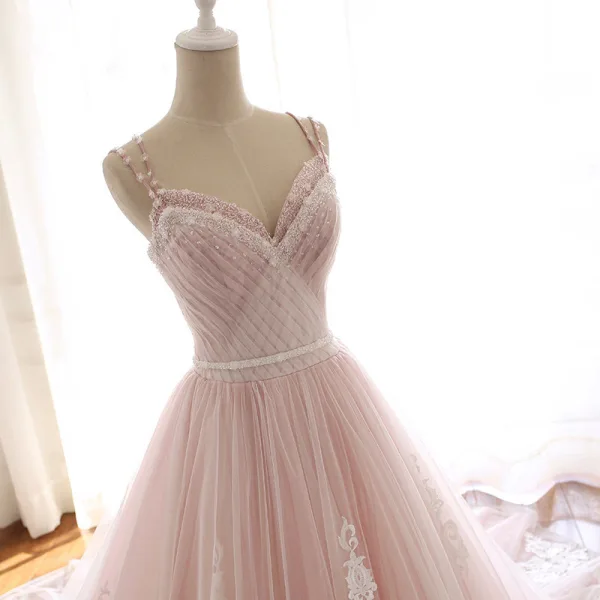Modern / Fashion Blushing Pink Summer Beach Wedding Dresses 2018 A-Line / Princess Spaghetti Straps Sleeveless Backless Appliques Lace Beading Crystal Sash Ruffle Chapel Train