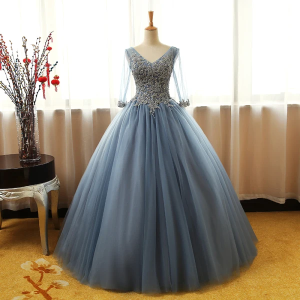 Chic / Beautiful Champagne Prom Dresses 2017 Ball Gown V-Neck 3/4 Sleeve Sequins Beading Floor-Length / Long Ruffle Backless Formal Dresses